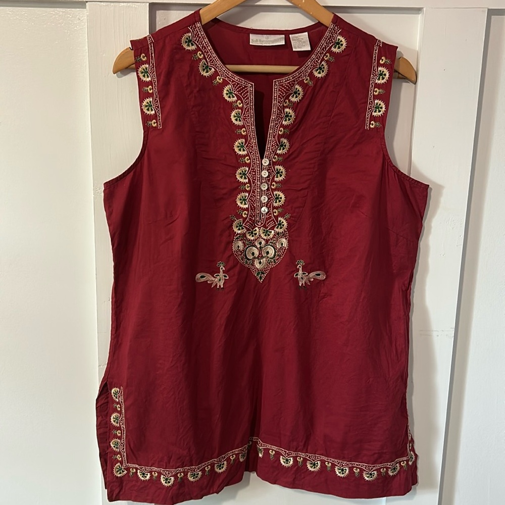 Soft Surroundings Embroidered Peacock Bird Sleeveless Tunic Tank Top Petite L